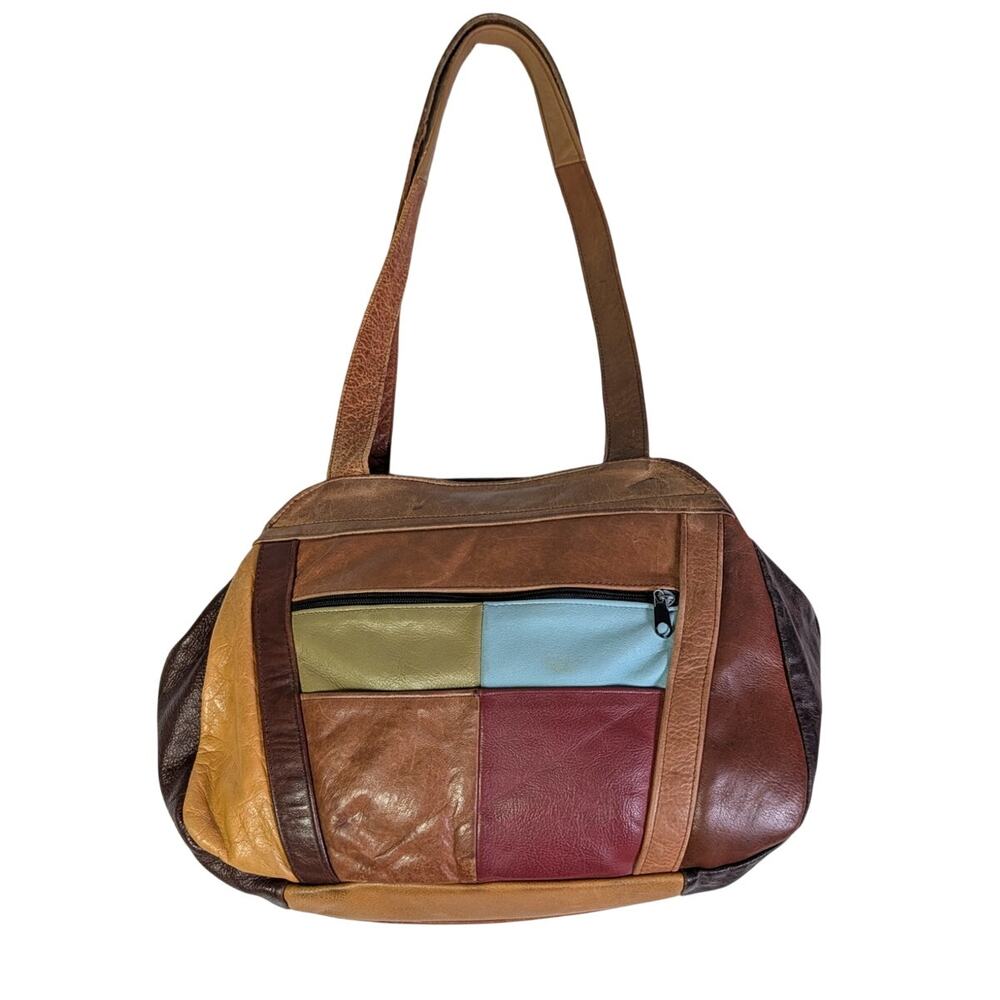 Vintage 80s Patchwork Leather Shoulder Bag Brown Multicolor Boho